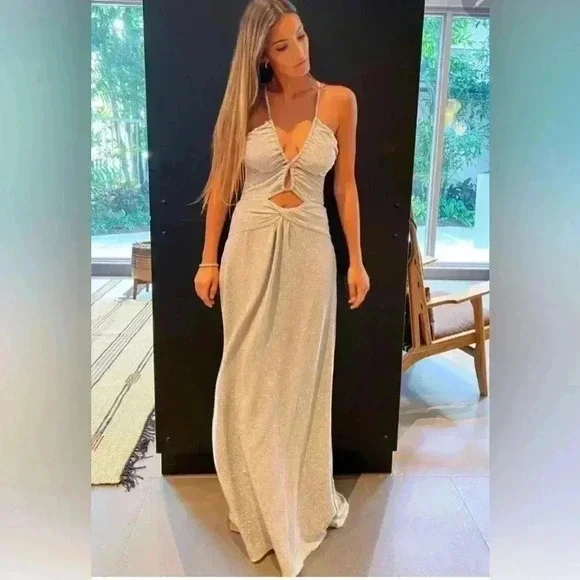 PATBO Cut-Out Lurex Maxi Dress 0 XS NWT Silver Sparkle Gown Shimmering Strappy - Picture 5 of 12